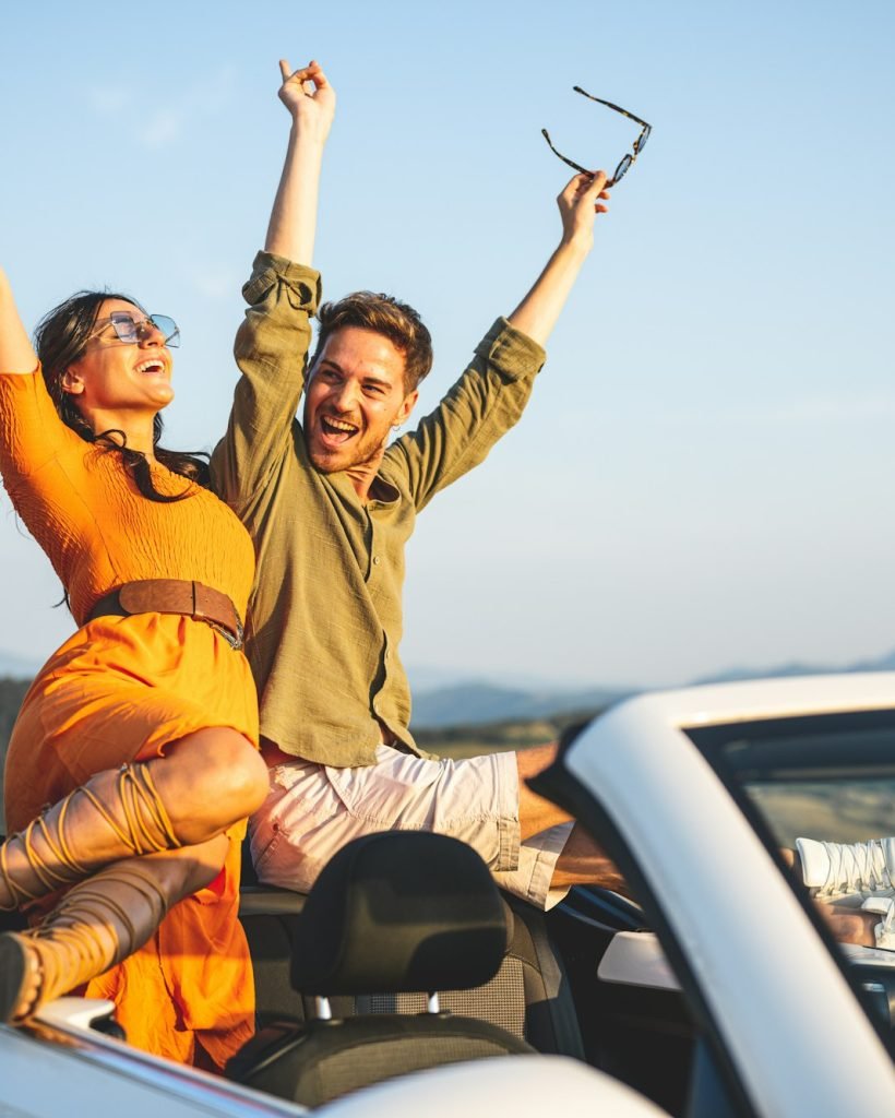 Sunset sun bath for a couple of lovers on the go, travel and holiday lifestyle